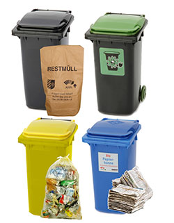 Das „Kreislaufwirtschaftskonzept 2020“ besteht aus Restmülltonne, Bioenergietonn, Verpackungstonne/optional Gelber Sack und Papiertonne/optional Bündelsammlung